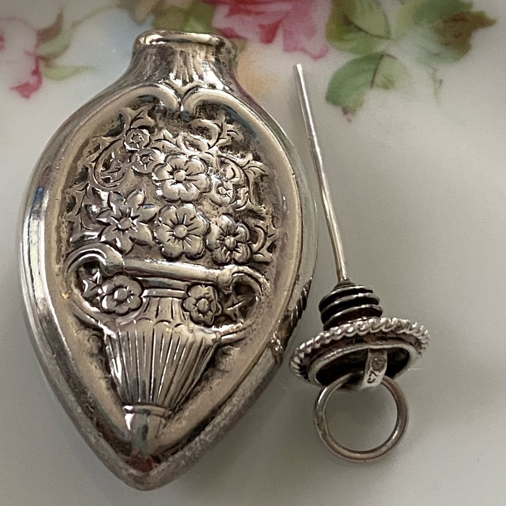 Antique Sterling Silver Perfume Decanter/Pendant with Floral Vase Repousse